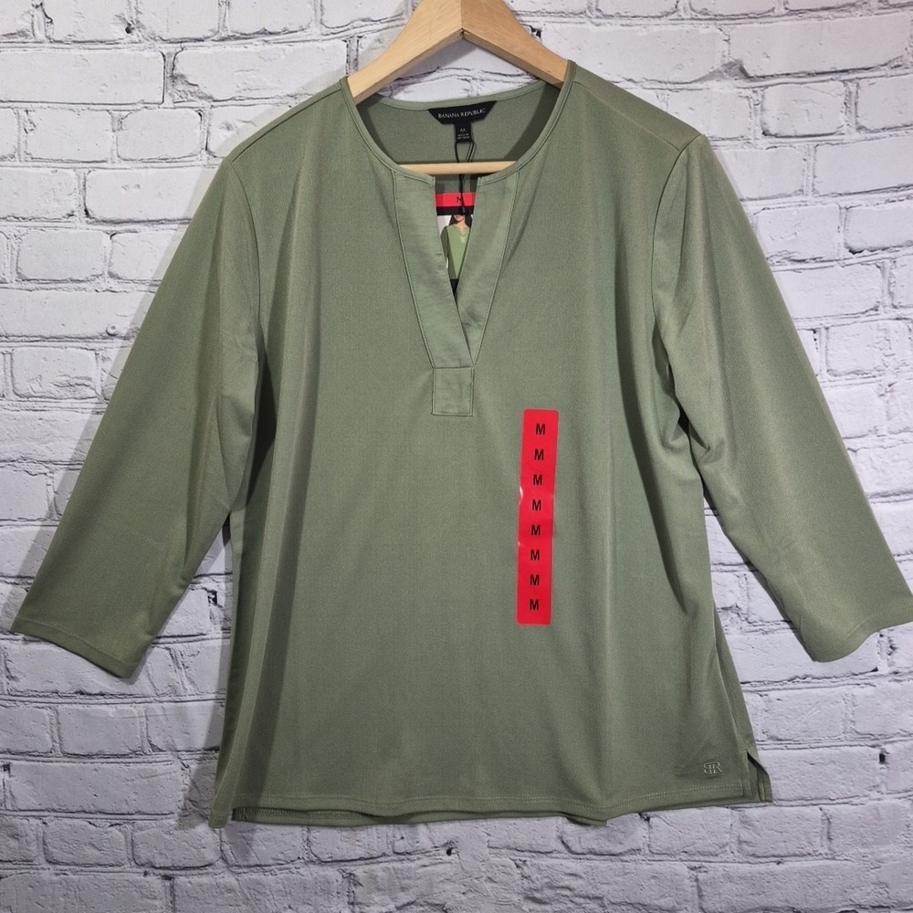 Banana Republic Womens‎ M Olive Green Split Neck 3/4 Sleeve Blouse Top 1826408